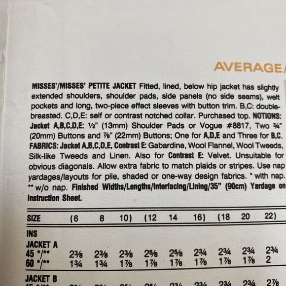 Vintage Vogue Sewing Pattern 2554 Basic Design Jacket Size 6-10 Misses & Petite - Picture 7 of 10